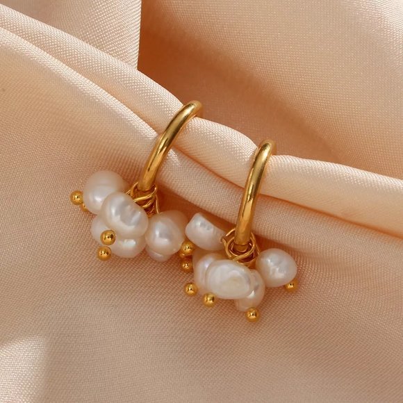 Freshwater Pearl C Hoop 18K Gold Plated Earrings Stainless Steel - Picture 5 of 7